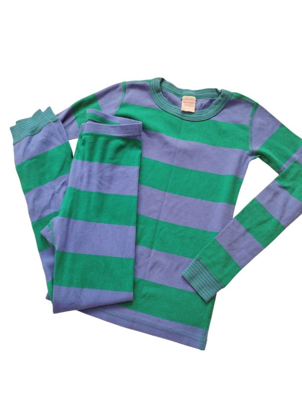 Hanna Andersson Kids Pajamas 8 Blue Green Wide Stripe Cotton Long Johns PJs
